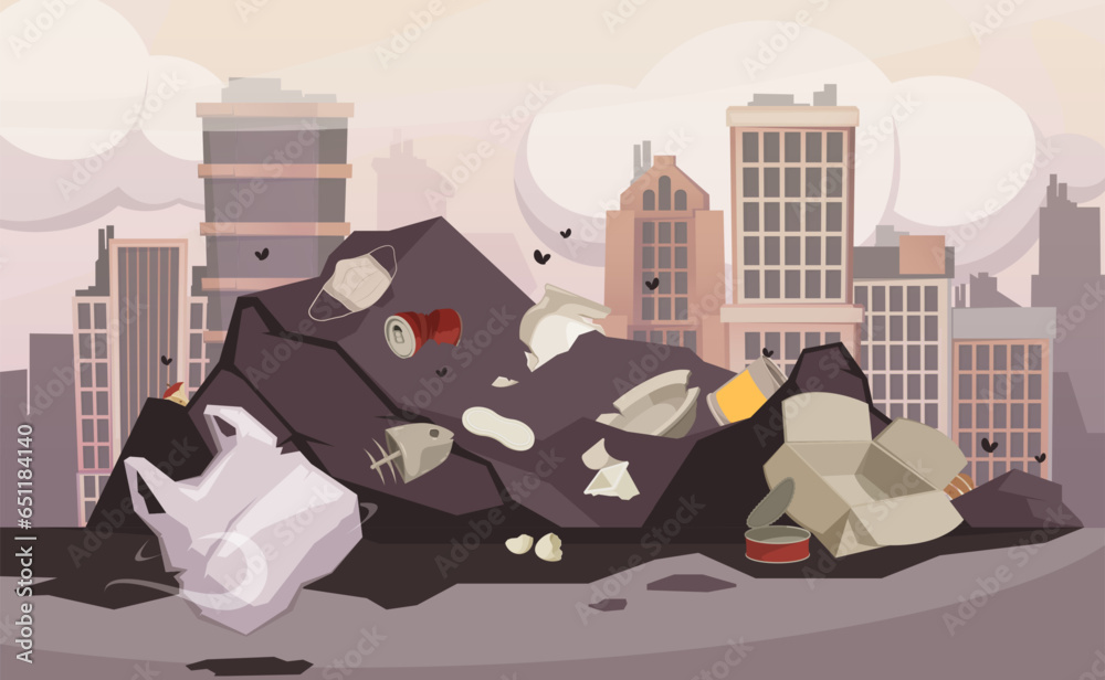 Landfill background. Horizontal mess of waste, dirty dumpster with garbage, urban public disposal. Vector illustration. Environmental pollution, cityscape with heaps of rubbish or trash