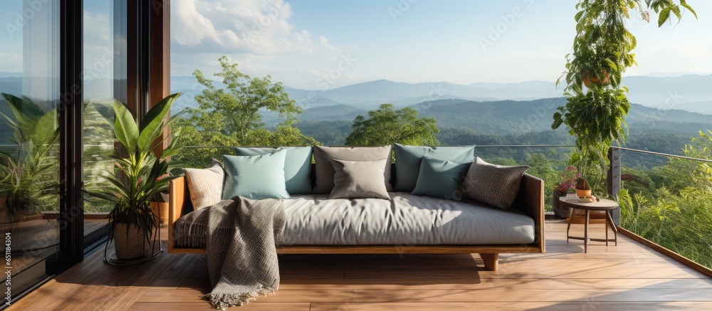 Glass room overlooks wooden floor balcony with fabric sofa