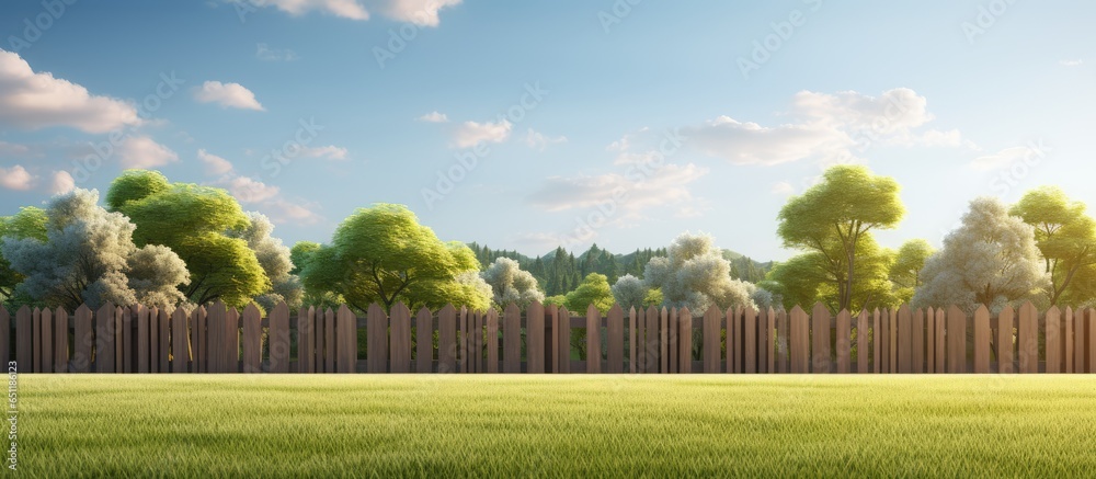 illustration of nature background with an empty green lawn and wooden fence