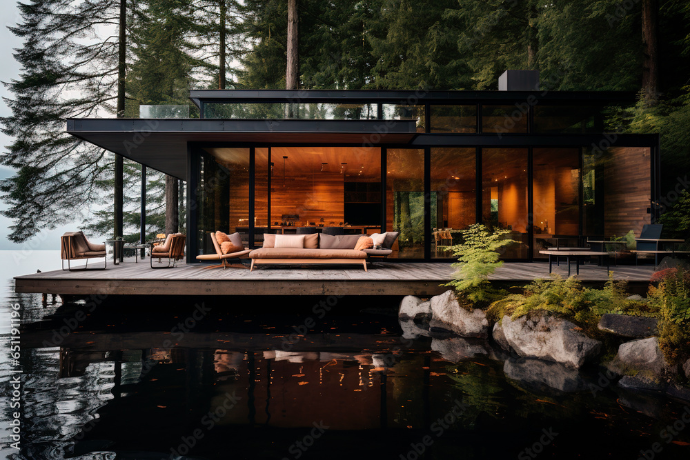 Modern house in the woods close to calm lake