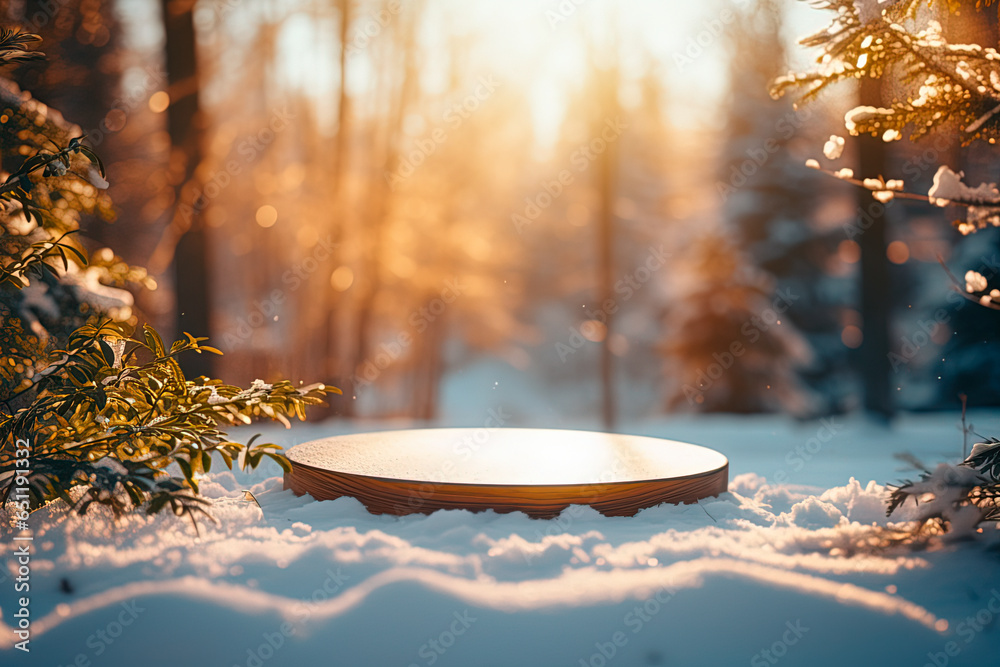 Podium to display and showcase a product. winter landscape