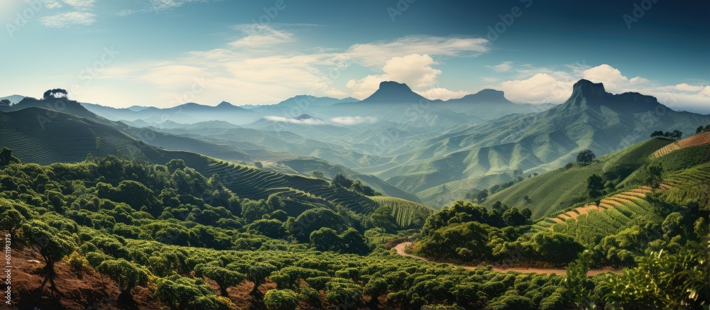 Brazilian coffee plantation with mountain backdrop