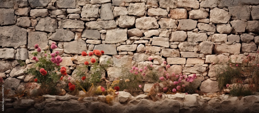 Lonely ancient stone house wall with a flower garden nearby No one present