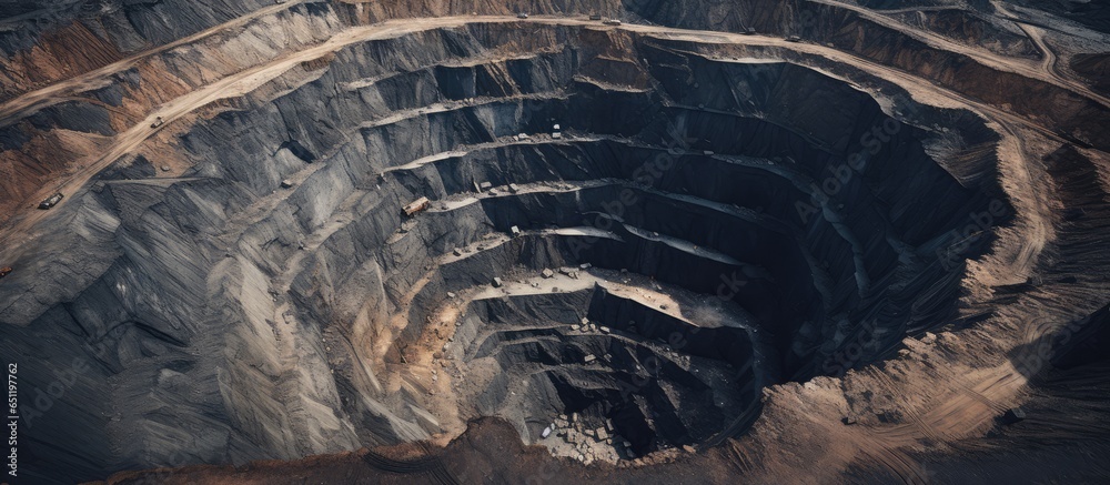 Bird s eye view of a deep mine with a winding road leading downward