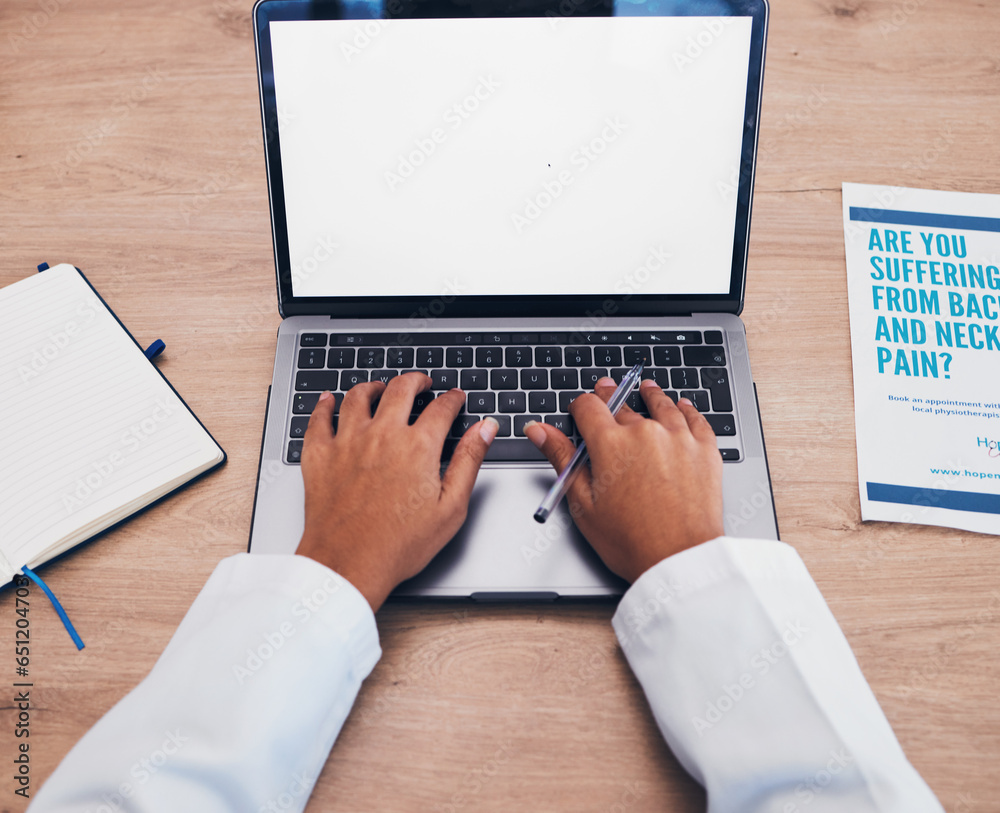 Doctor, worker and hands on laptop with hospital paperwork and research for medical journal. Blank screen, mockup space and office work with data analysis for clinic report and digital review