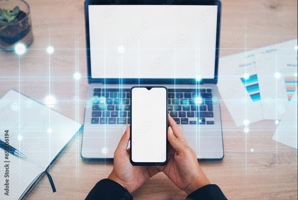 Phone, person hands and computer with overlay for digital transformation, blank screen and mockup space. Above, big data and employee at a office desk with work paperwork and chart for web design