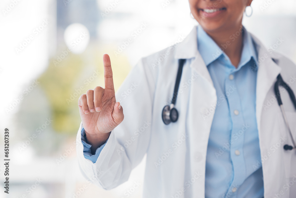 Finger, doctor and black woman in hospital for user interface, biometrics and ux for telehealth. Futuristic, healthcare and worker with hand gesture for digital scan, clinic ex and medical research