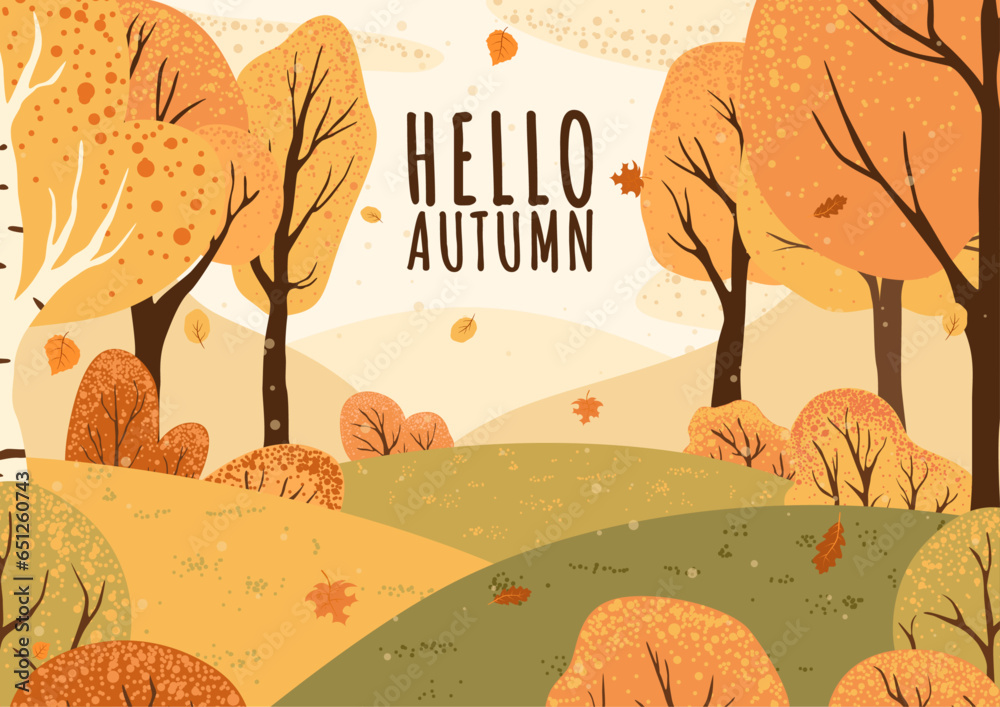 Hello autumn. Scene with autumn trees and bushes. Countryside landscape. Isolated on white background. Autumn nature. Stock vector illustration	 