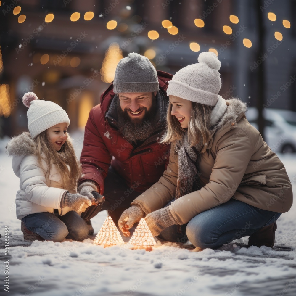 Happy Family making a snowman on the square with a Christmas tree