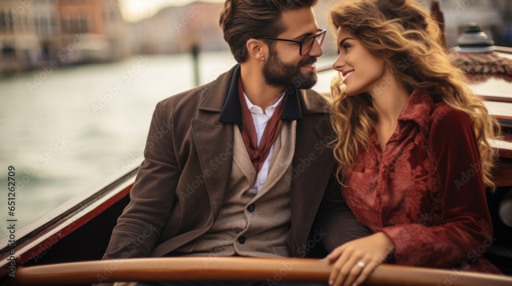 Young couple in love floats on a gondola