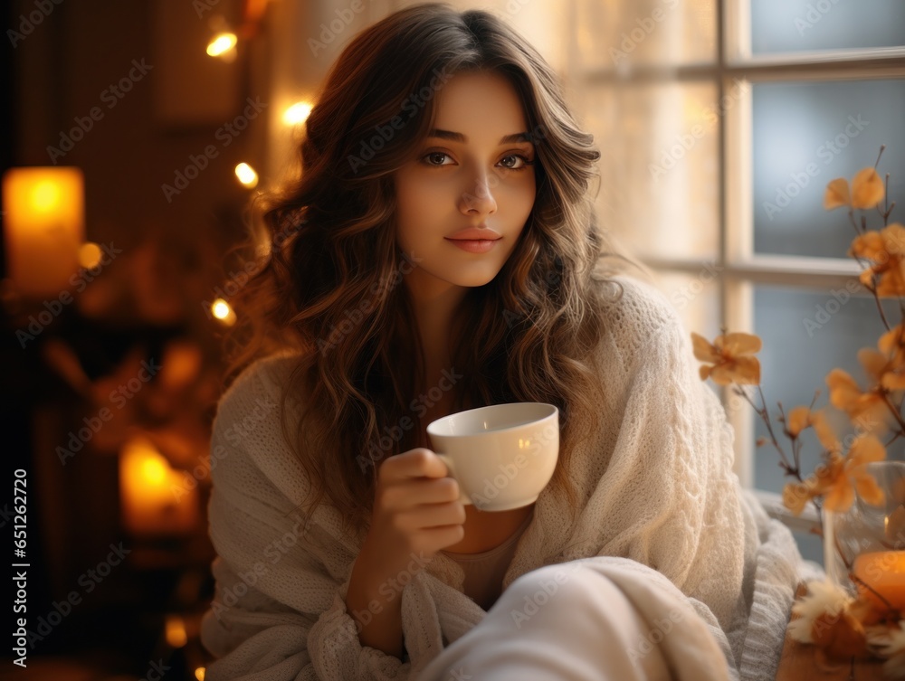 A young woman sitting and drinking coffee