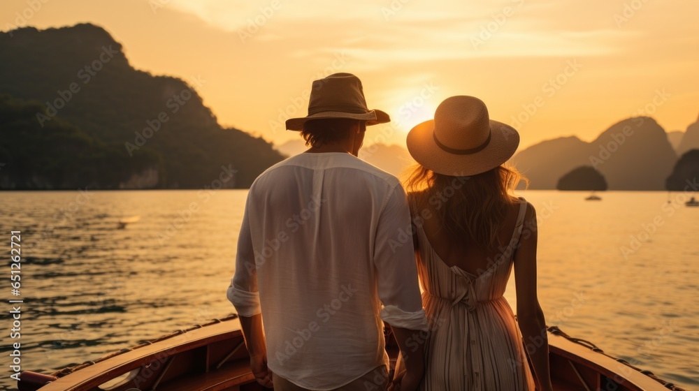 Young couple in love sailing on a traditional wooden boat in Thailand