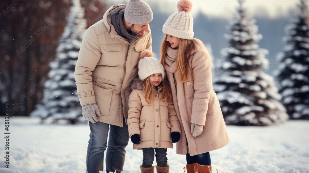 Happy Family making a snowman on the square with a Christmas tree