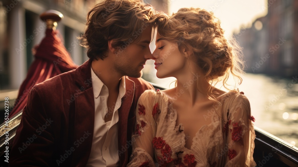 Young couple in love floats on a gondola