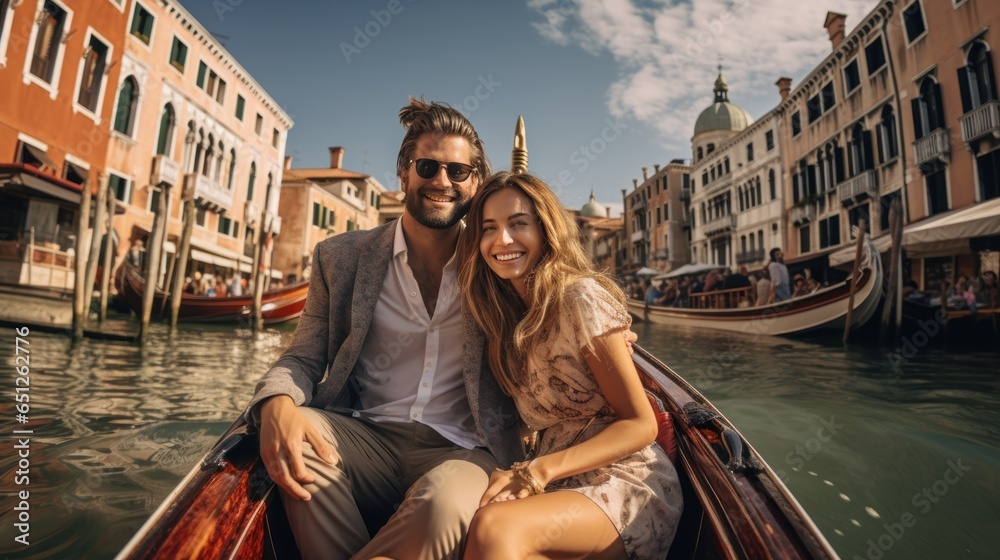 Young couple in love floats on a gondola