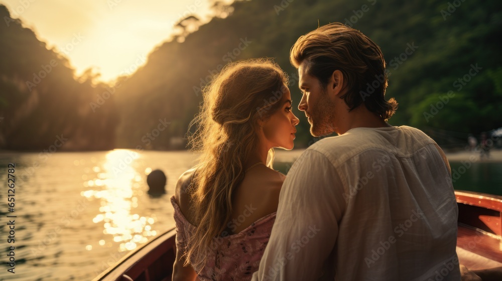 Young couple in love sailing on a traditional wooden boat in Thailand