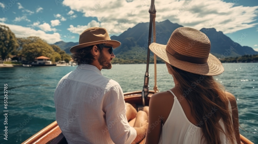 Young couple in love sailing on a traditional wooden boat in Thailand