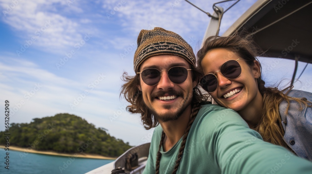 Young couple in love sailing on a traditional wooden boat in Thailand