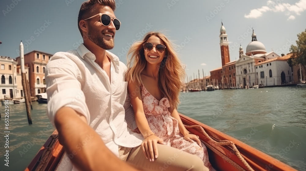 Young couple in love floats on a gondola