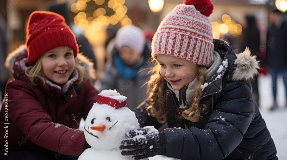 Children making a snowman on the square with a Christmas tree