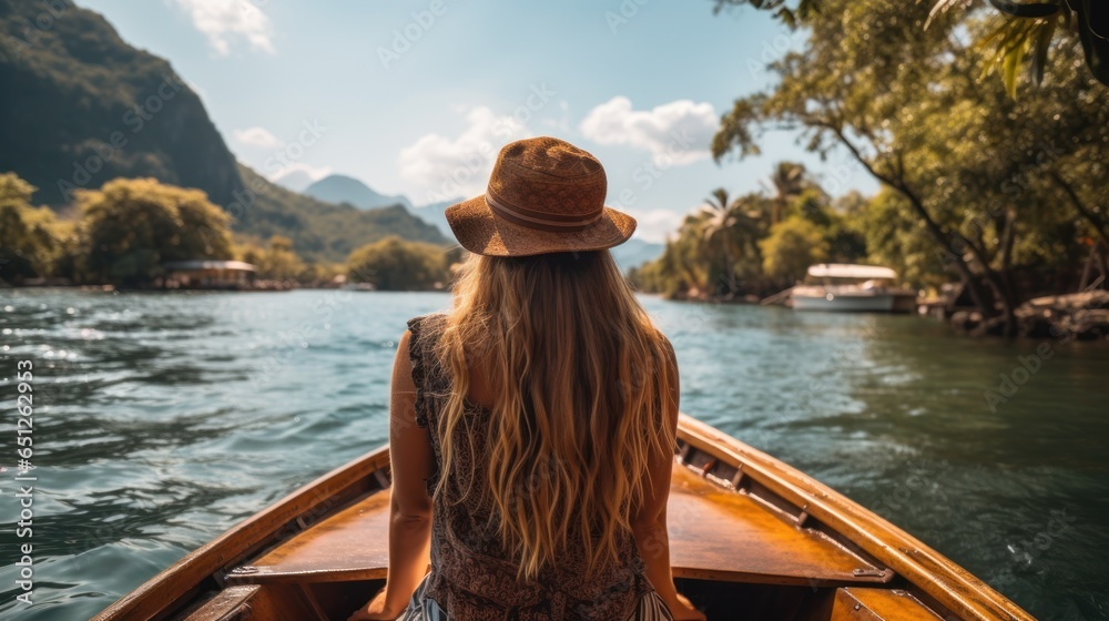 Young couple in love sailing on a traditional wooden boat in Thailand