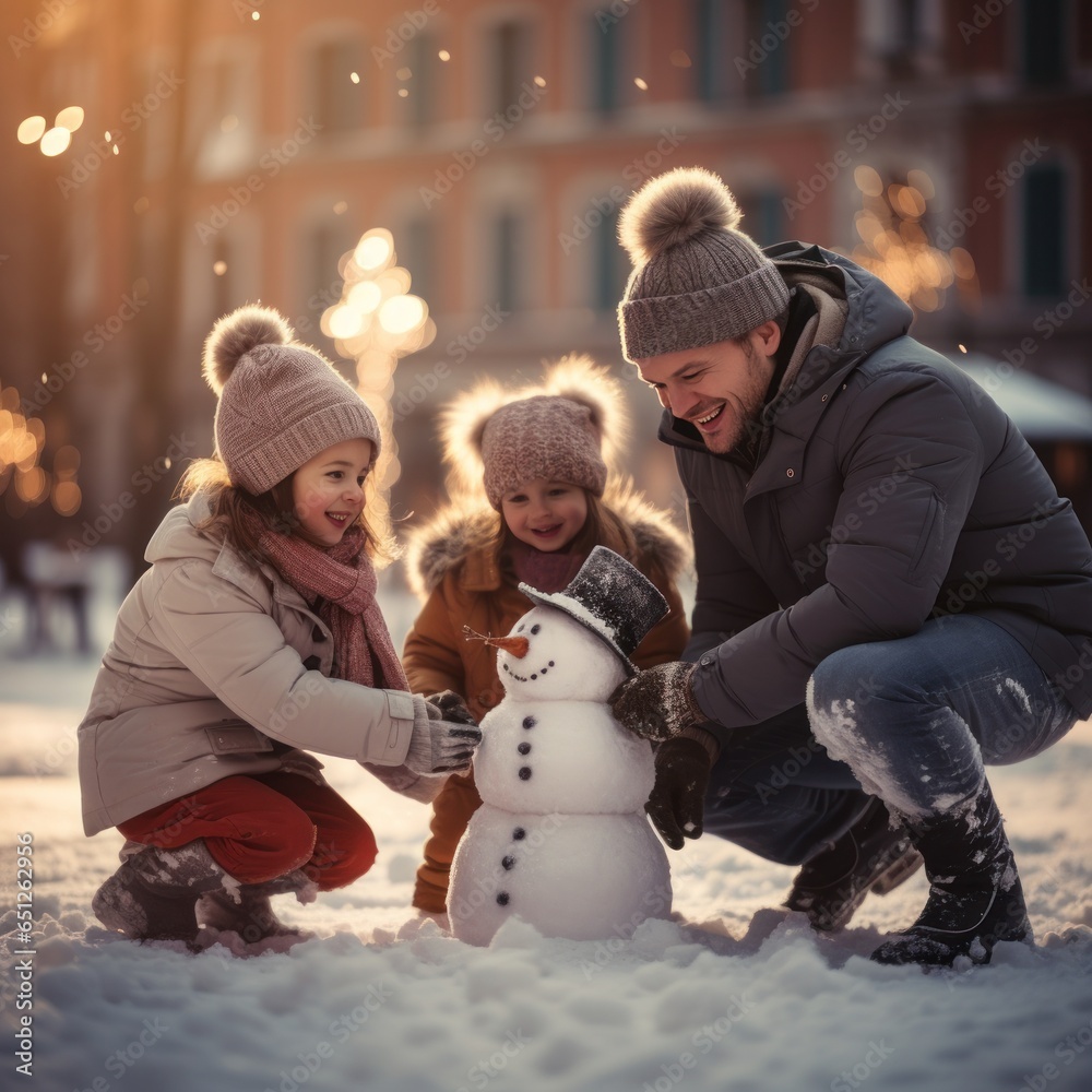 Happy Family making a snowman on the square with a Christmas tree