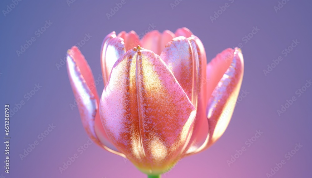 Single pink tulip with water drops, soft studio light, blurred background with bokeh.