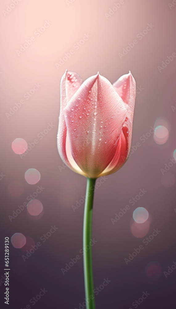 Single pink tulip with water drops, soft studio light, blurred background with bokeh.