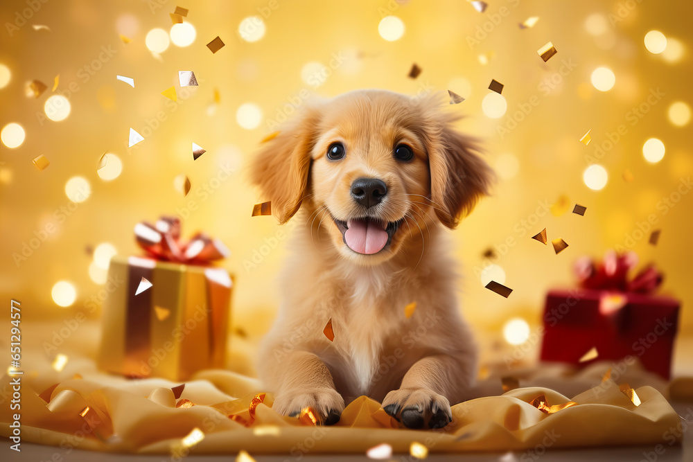 Cute puppy with golden gift boxes on festive yellow background. Giving Tuesday or boxing day concept