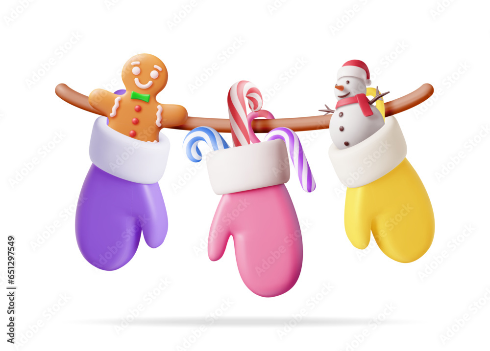 3D Colorful Gloves Hanging on Clothesline. Render Christmas Santa Mitten with Candycane, Snowman, Gingerbread Man. Hanging Holiday Decorations. New Year Xmas Celebration. Realistic Vector Illustration