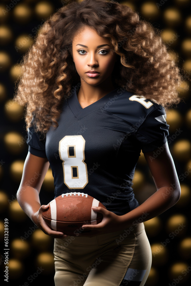 Cute black woman curly hair style in college football jersey, Holding American football.