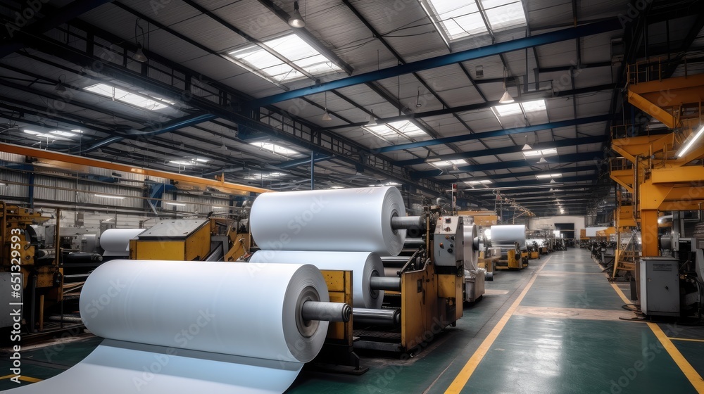 Factory production large rolls of thermal paper.