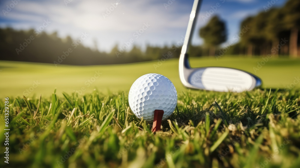 Golf club next to golf ball on grass.