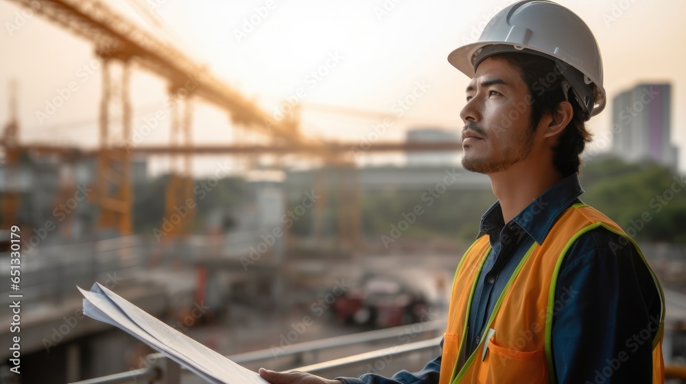 Engineer looking blueprint compare with construction site, Checking progress at construction site.