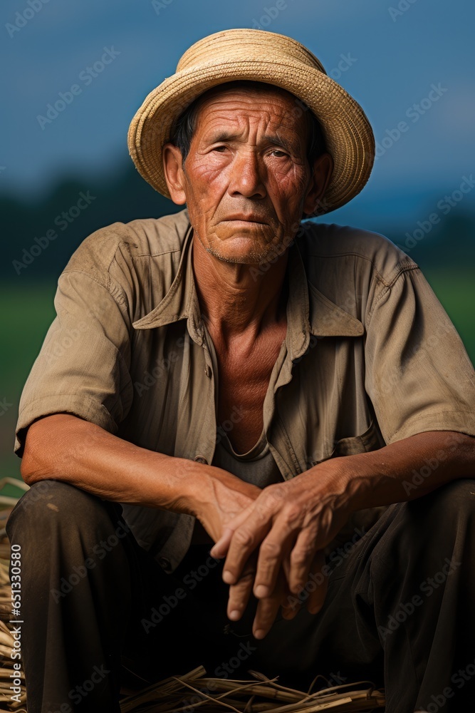 Old Asian farmer sitting on a chair with a sad face.