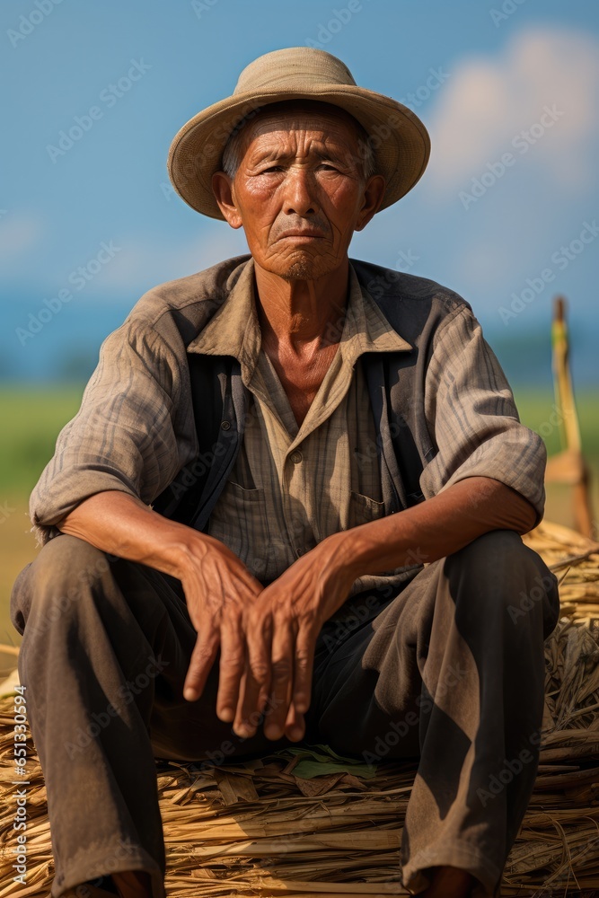 Old Asian farmer sitting on a chair with a sad face.