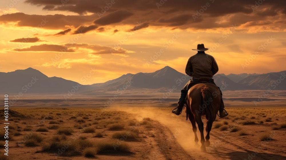 Rear view, Cowboys riding horse adventure at Sunset.