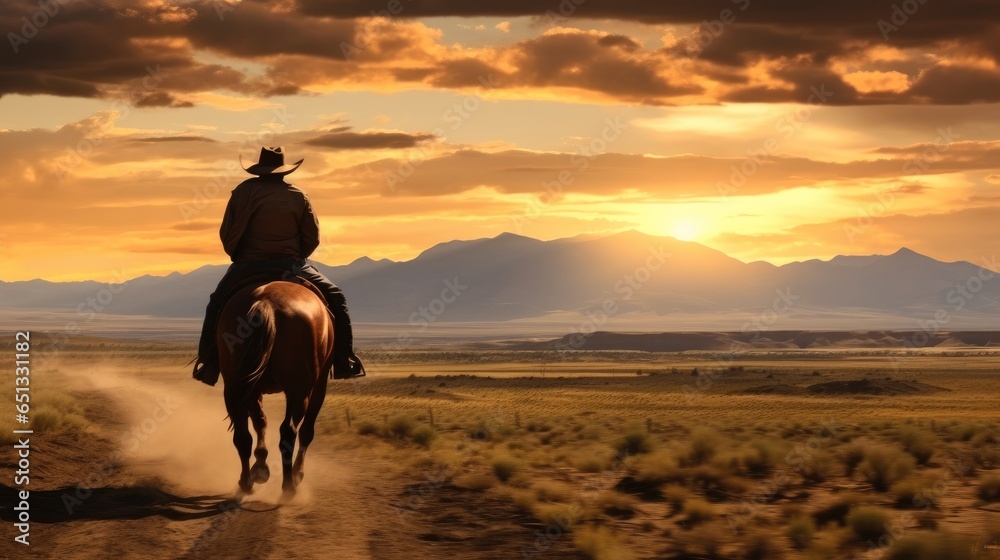 Rear view, Cowboys riding horse adventure at Sunset.