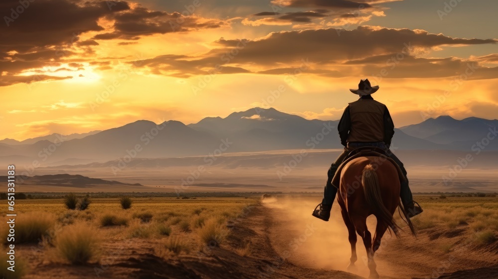 Rear view, Cowboys riding horse adventure at Sunset.