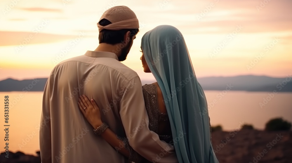 young wealthy middle eastern couple hugging on beach.