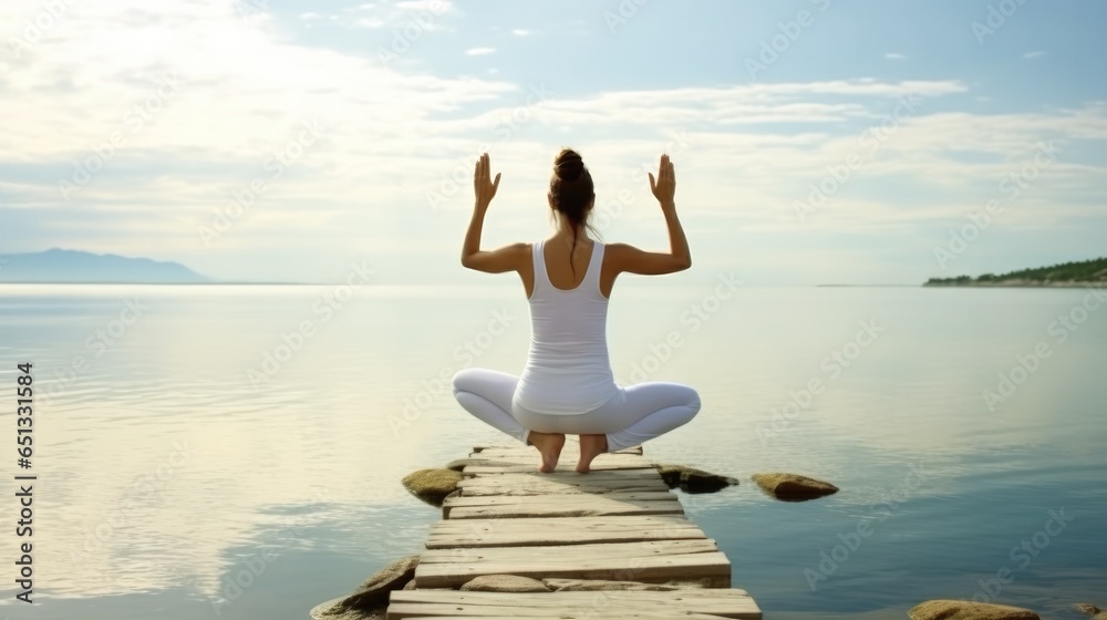 Woman practicing yoga at seashore, Back side view.