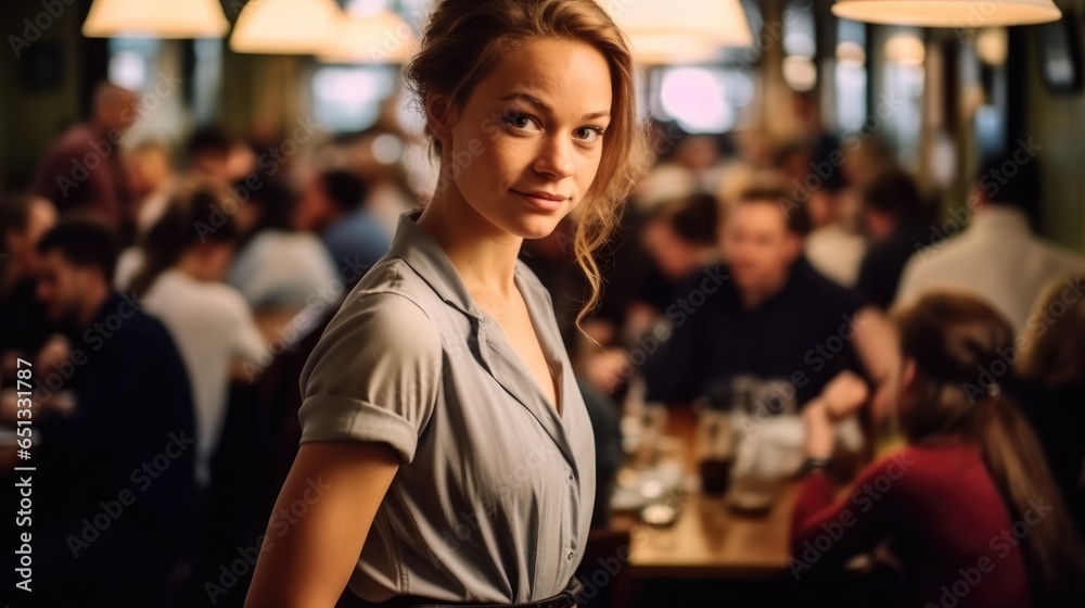 Waitress while working in a busy restaurant.