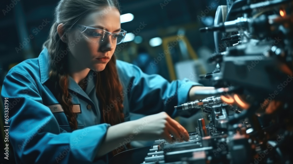 Female engineer worker in automotive factory, car manufacturing process.