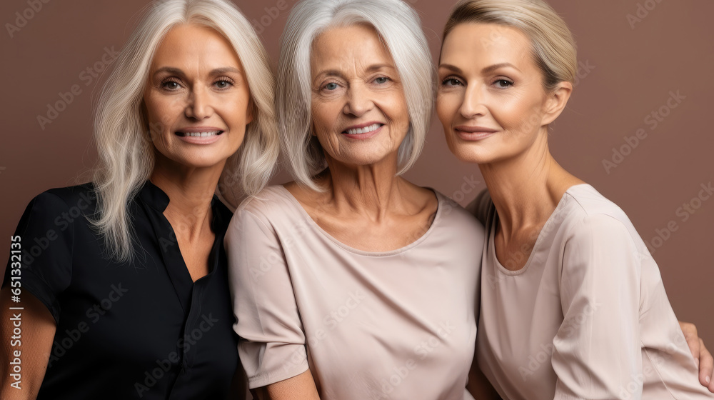 Portrait of three beautiful senior women with gray hairs isolated on brown background.