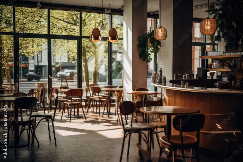 Interior of a modern and contemporary cafe located in the city with plenty of natural light entering from the big windows