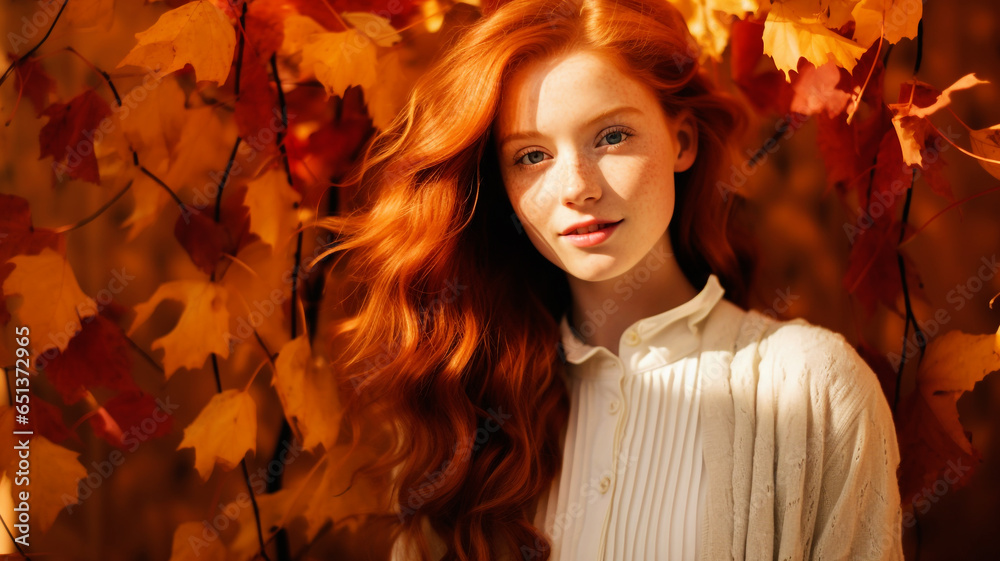 Beautiful happy woman with autumn leaves