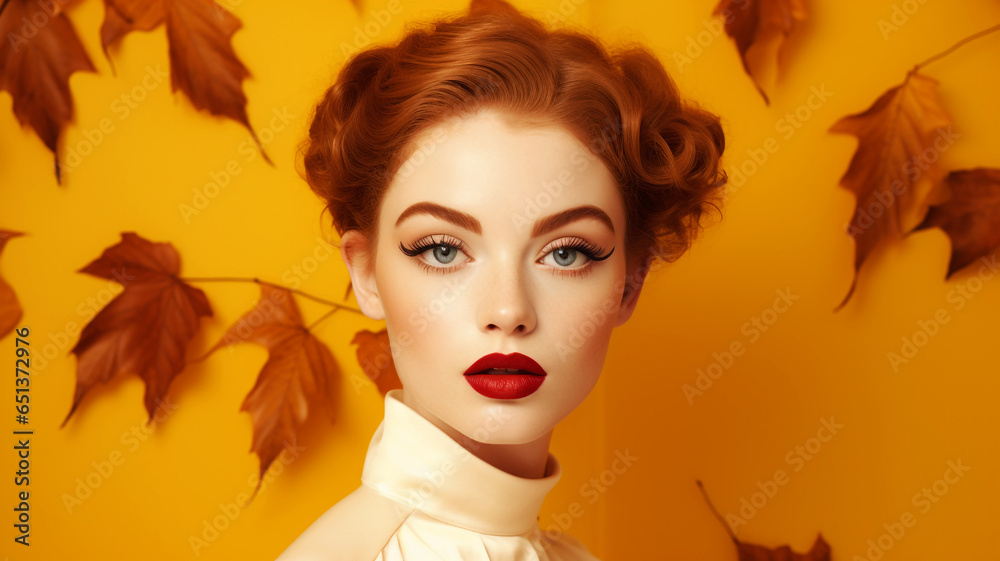 Beautiful model with autumn leaves