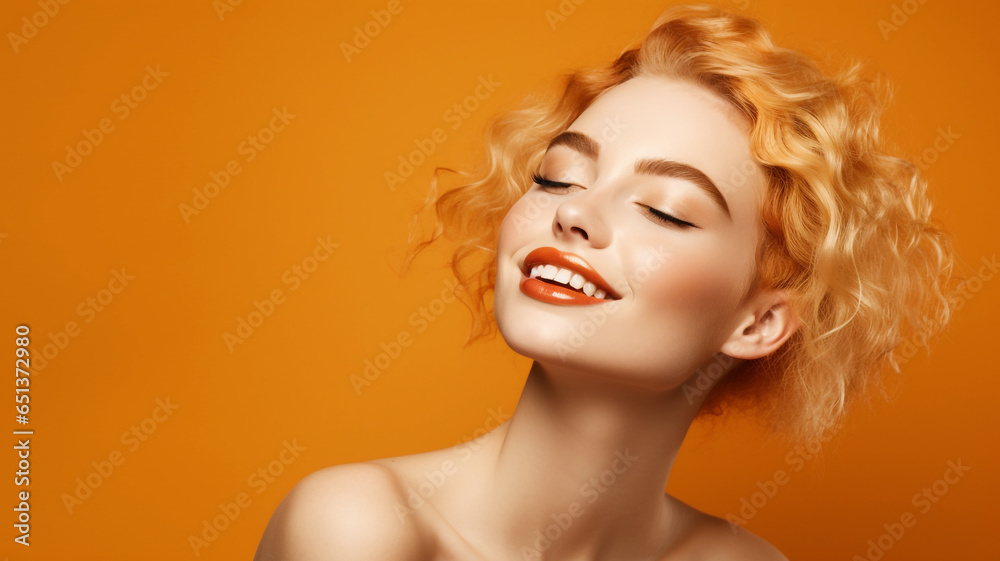 Beautiful model on an orange colored background