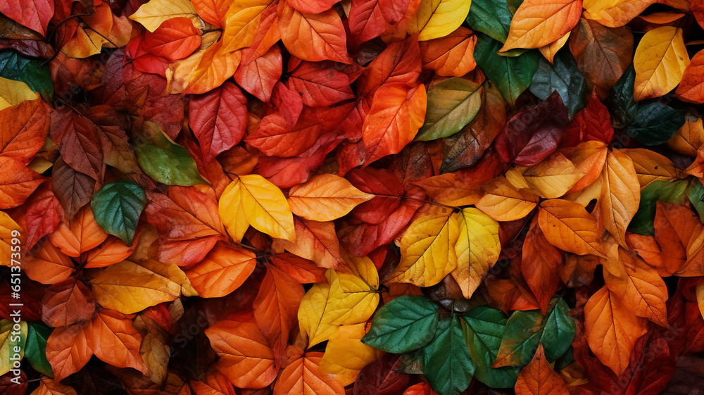 Autumn leaves in many colors on the forest floor