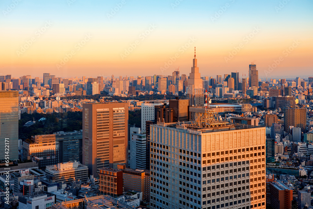 Skyscrapers towering over the cityscape of Nishi-Shinjuku, Tokyo, Japan at sunset